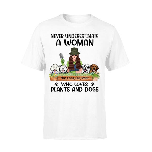 Personalized Shirt, Never Underestimate A Woman Who Loves Plants And Dogs, Gift For Gardeners And Dog Lovers