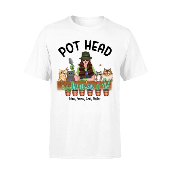 Personalized Shirt, Pot Head Gardening Woman with Cats, Gift For Gardeners And Cat Lovers