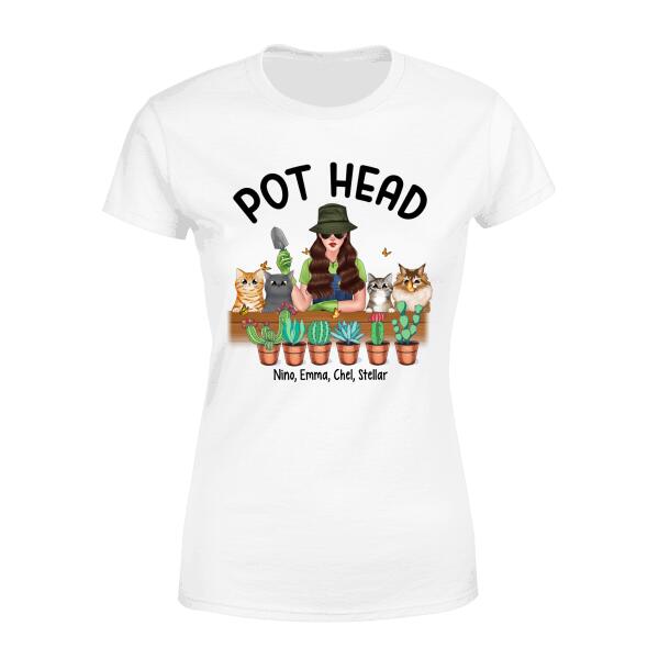 Personalized Shirt, Pot Head Gardening Woman with Cats, Gift For Gardeners And Cat Lovers