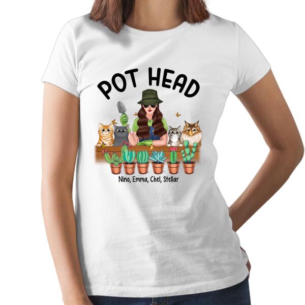 Personalized Shirt, Pot Head Gardening Woman with Cats, Gift For Gardeners And Cat Lovers