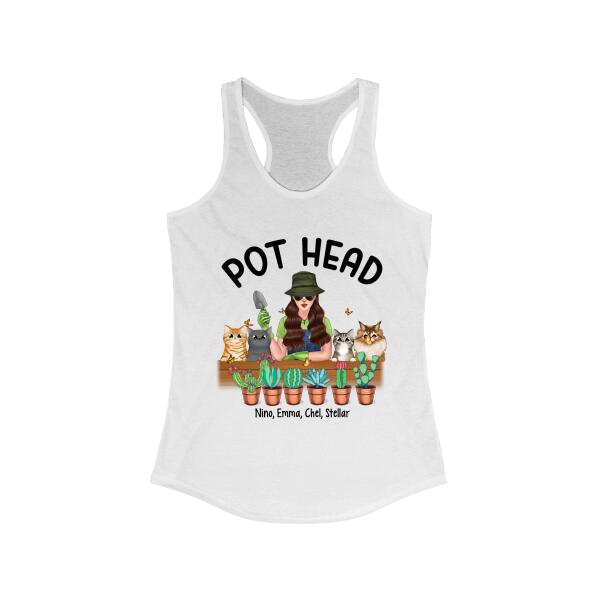 Personalized Shirt, Pot Head Gardening Woman with Cats, Gift For Gardeners And Cat Lovers