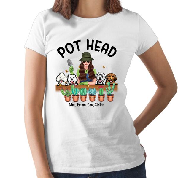 Personalized Shirt, Pot Head Gardening Woman with Dogs, Gift For Gardeners And Dog Lovers