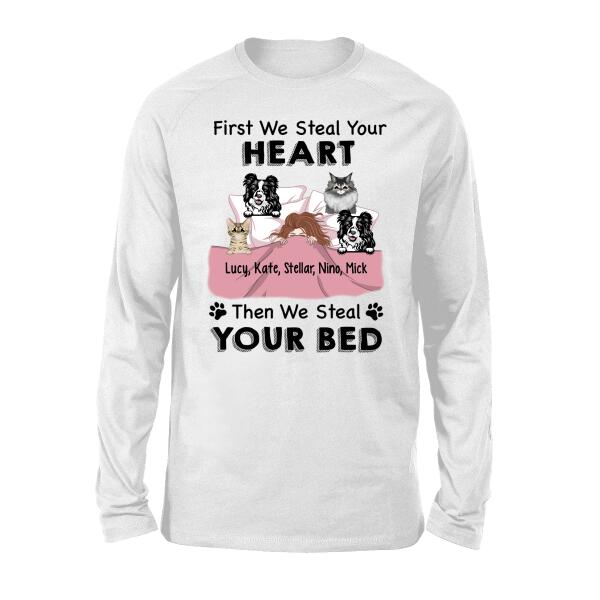 Personalized Shirt, Up To 4 Pets, Steal Your Heart Then Steal Your Bed, Gift For Dog And Cat Lovers