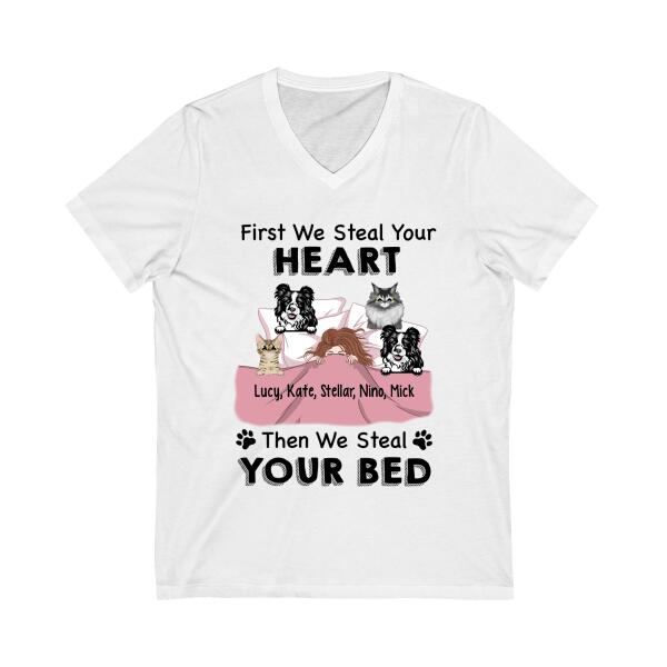 Personalized Shirt, Up To 4 Pets, Steal Your Heart Then Steal Your Bed, Gift For Dog And Cat Lovers