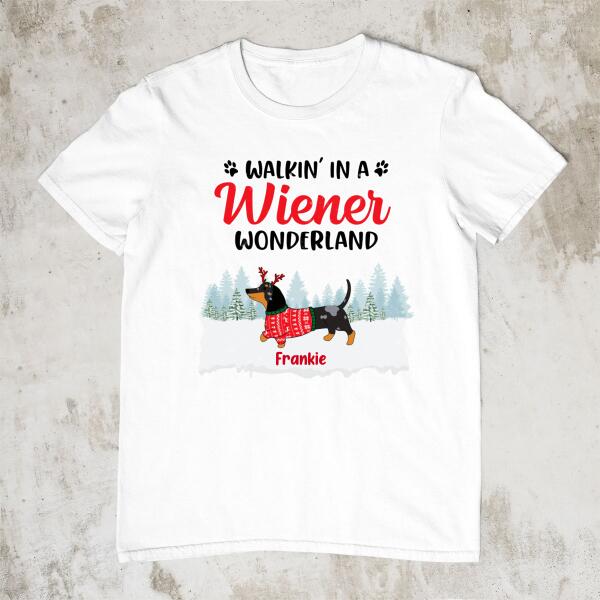 Personalized Shirt, Walkin' in a Wiener Wonderland, Christmas Gifts For Dachshund and Dog Lovers