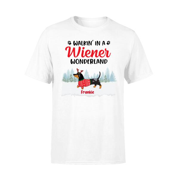 Personalized Shirt, Walkin' in a Wiener Wonderland, Christmas Gifts For Dachshund and Dog Lovers