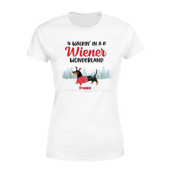 Personalized Shirt, Walkin' in a Wiener Wonderland, Christmas Gifts For Dachshund and Dog Lovers