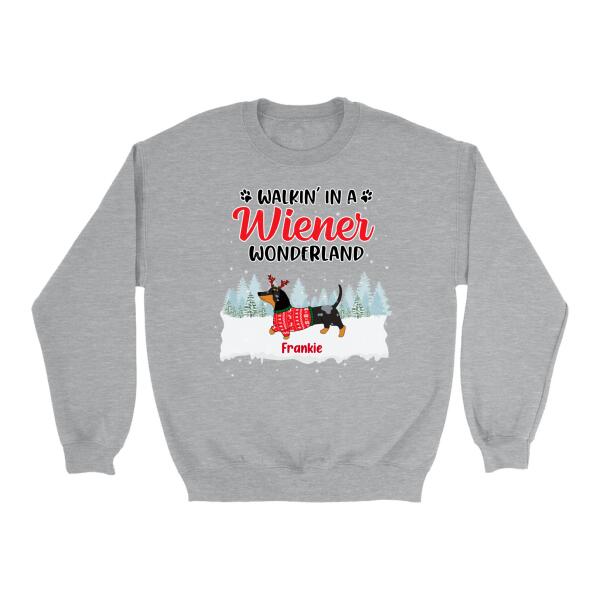 Personalized Shirt, Walkin' in a Wiener Wonderland, Christmas Gifts For Dachshund and Dog Lovers