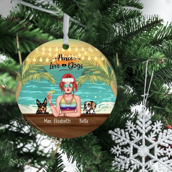 Personalized Metal Ornament, Hippie Girl with Dogs On The Beach, Christmas Gifts For Hippie and Dog Lovers