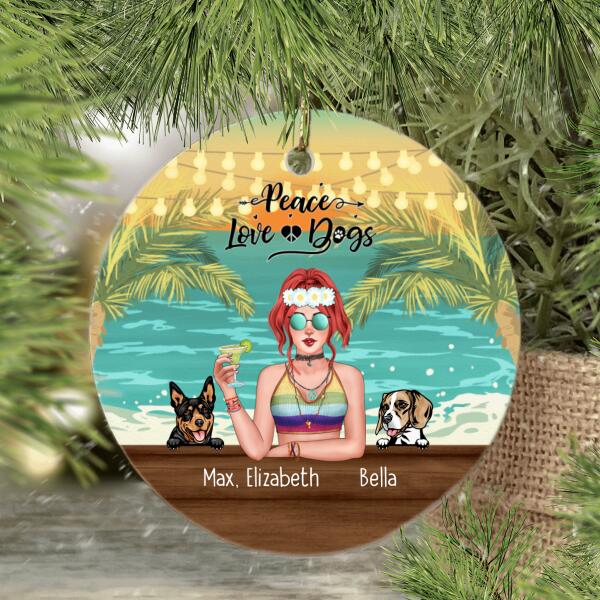 Personalized Metal Ornament, Hippie Girl with Dogs On The Beach, Christmas Gifts For Hippie and Dog Lovers