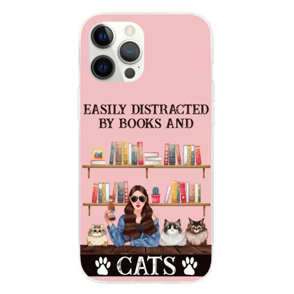 Personalized Phone Case, Easily Distracted By Books And Cats, Gifts For Book Lovers, Cat Lovers