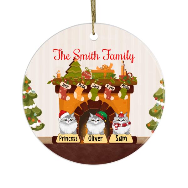 Personalized Ornament, Christmas Family Fireplace With Cats, Christmas Family Gift, Cat Lovers