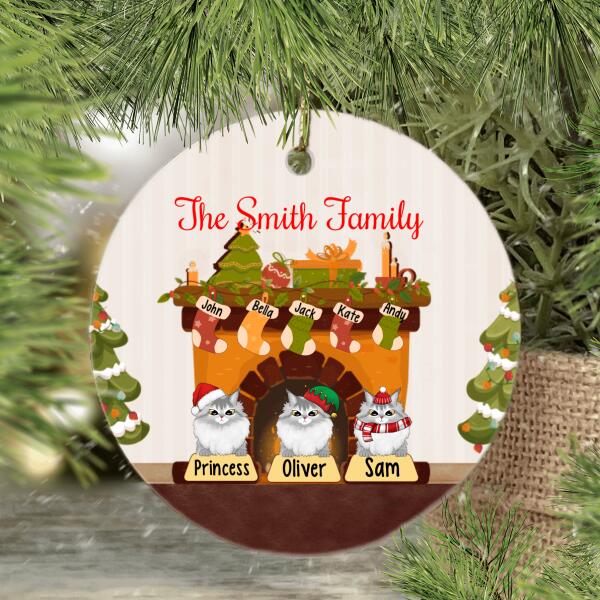 Personalized Ornament, Christmas Family Fireplace With Cats, Christmas Family Gift, Cat Lovers