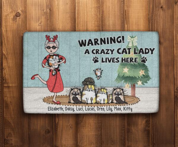 Warning a Crazy Cat Lady Lives Here - Christmas Personalized Gifts Custom Cat Doormat for Grandpa, Cat Lovers