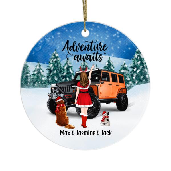 Personalized Ornament, Christmas Adventure Girl With Cats And Dogs, Custom Christmas Gift For Dogs and Car Lovers
