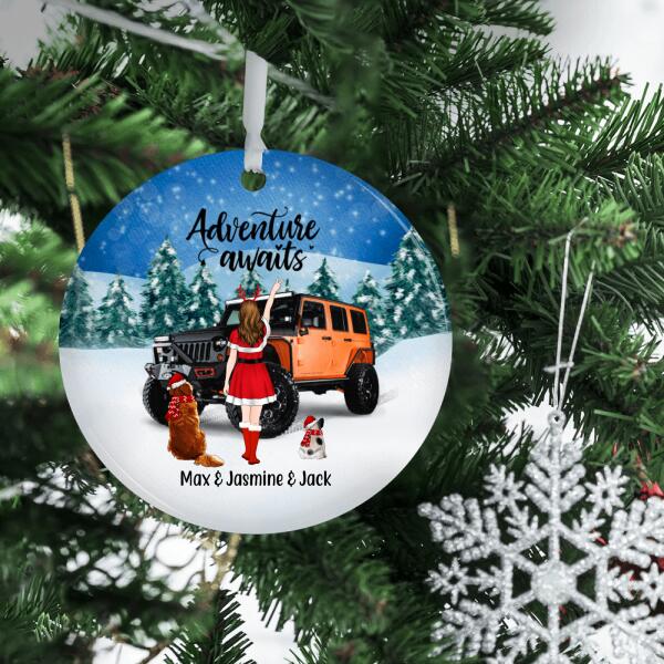 Personalized Ornament, Christmas Adventure Girl With Cats And Dogs, Custom Christmas Gift For Dogs and Car Lovers