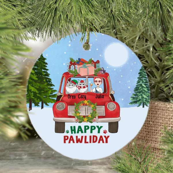 Personalized Ornament, Woman and Cats On Christmas Car, Christmas Gift For Cat Lovers