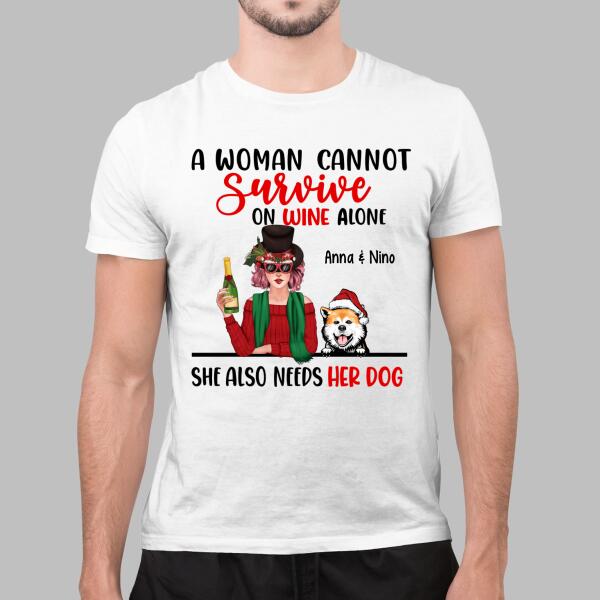 Personalized Shirt, A Woman Cannot Survive On Wine Alone, Christmas Gift for Wine and Dog Lovers