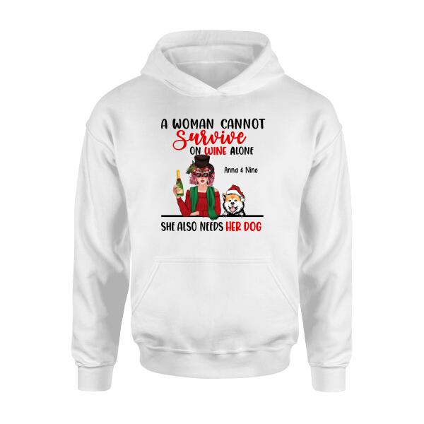 Personalized Shirt, A Woman Cannot Survive On Wine Alone, Christmas Gift for Wine and Dog Lovers