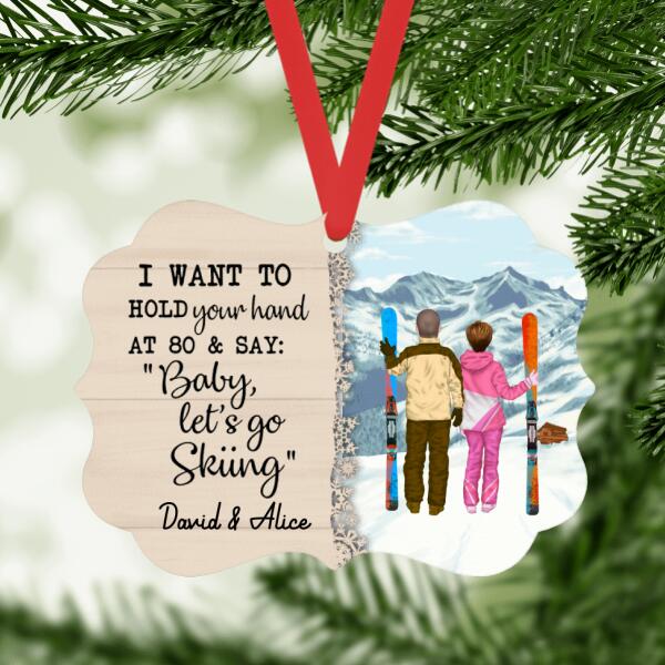 Personalized Metal Ornament, Hold Your Hand And Go Skiing, Gift For Couple, Skiing Lovers