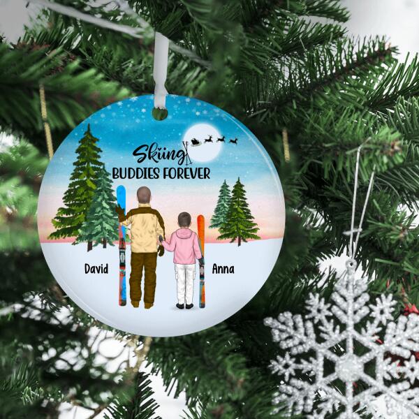 Personalized Metal Ornament, Skiing Man and Kid, Gifts for Ski Lovers