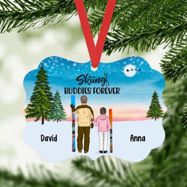 Personalized Metal Ornament, Skiing Man and Kid, Gifts for Ski Lovers