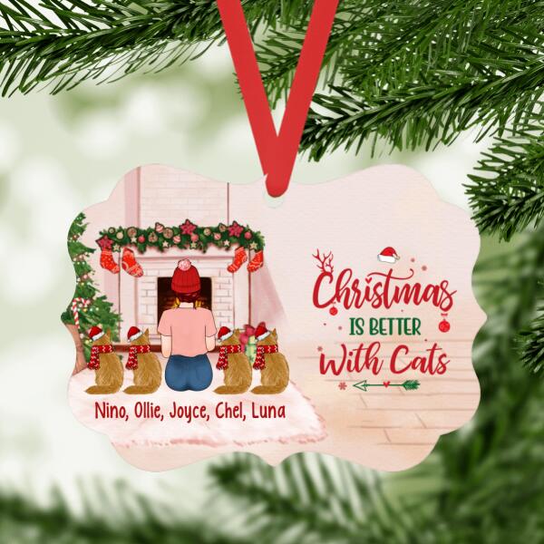 Personalized Metal Ornament, Christmas Girl With Cats, Christmas Gift For Cat Lovers