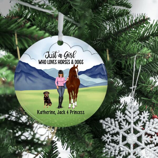 Personalized Metal Ornament - Woman Standing With Horse and Dogs Custom Christmas Gift For Horse Lover Dog Lovers