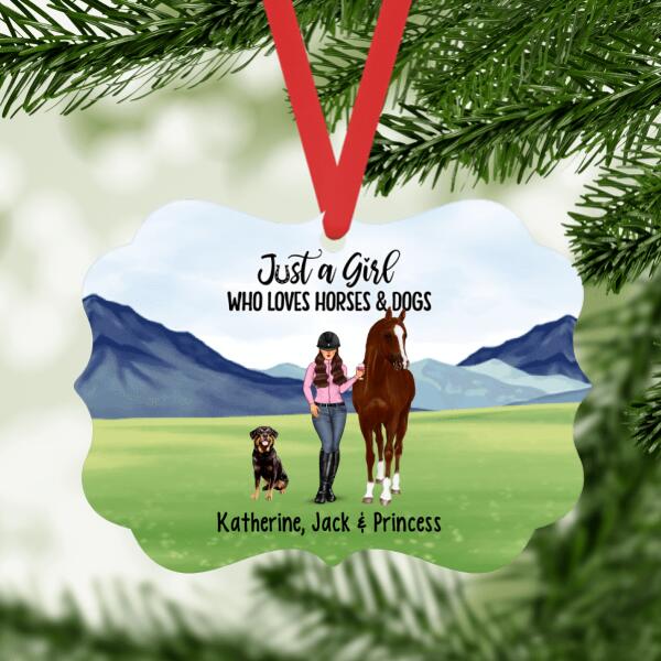 Personalized Metal Ornament - Woman Standing With Horse and Dogs Custom Christmas Gift For Horse Lover Dog Lovers