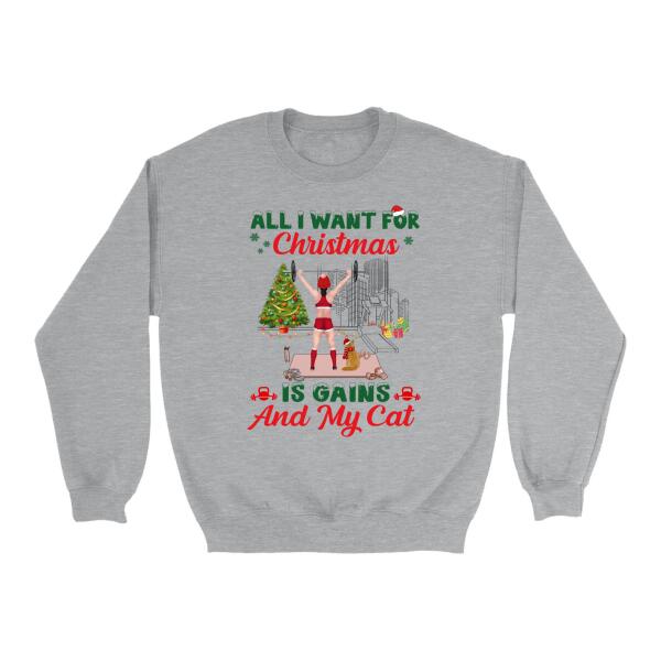 Personalized Shirt, All I Want For Christmas Is Gains And My Cats, Christmas Gift For Fitness Lovers And Cat Lovers