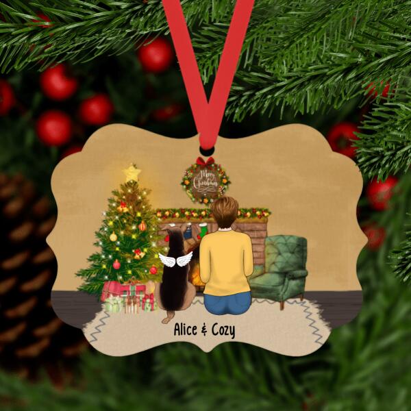 Personalized Metal Ornament, Woman Sitting With Pets, Gifts For Dog Lovers, Cat Lovers