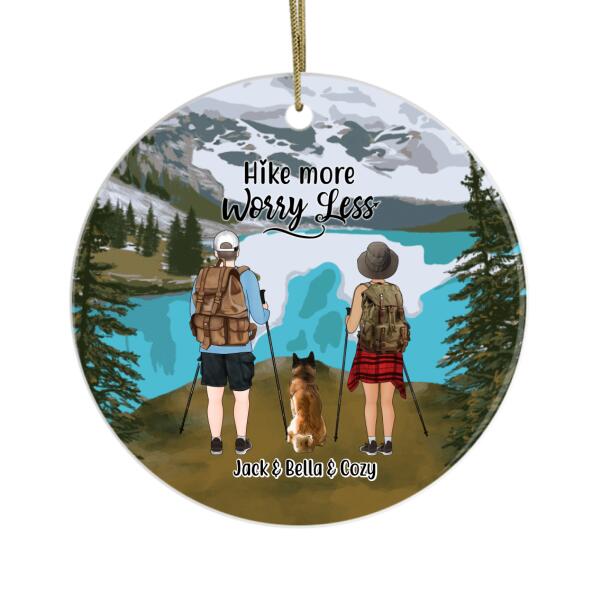 Personalized Ornament, Couple Hiking With Dogs, Gift for Hikers, Dog Lovers