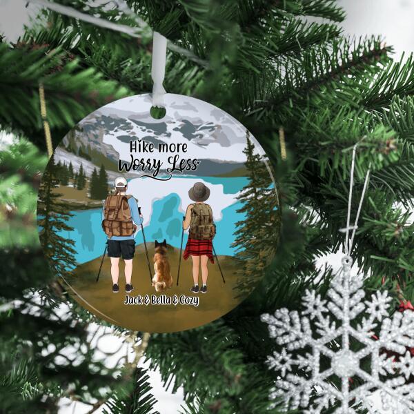 Personalized Ornament, Couple Hiking With Dogs, Gift for Hikers, Dog Lovers
