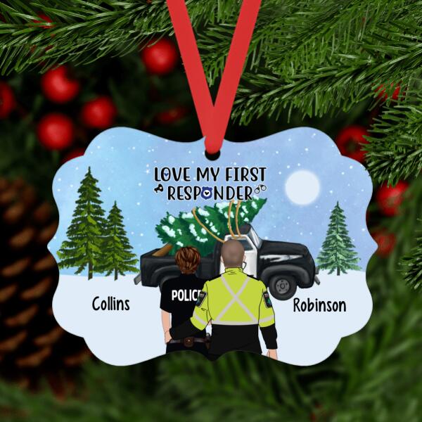 Personalized Metal Ornament, Police Couple By Police Car With Christmas Tree, Christmas Gift For Police Officer, Couple