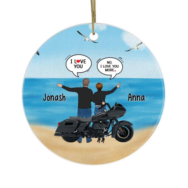 Personalized Ornament, Couple In Conversation While Standing By Motorcycle, Gifts For Motorcycle Lovers