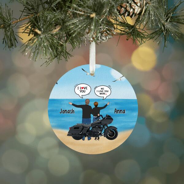 Personalized Ornament, Couple In Conversation While Standing By Motorcycle, Gifts For Motorcycle Lovers