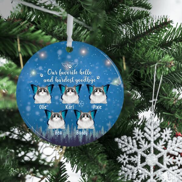 Personalized Ornament, Up To 5 Cats, Our Favorite Hello And Hardest Goodbye, Memorial Gift For Cat Lovers