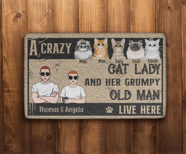 A Crazy Cat Lady and Her Grumpy Old Man - Personalized Gifts Custom Cat Doormat for Family, Cat Lovers
