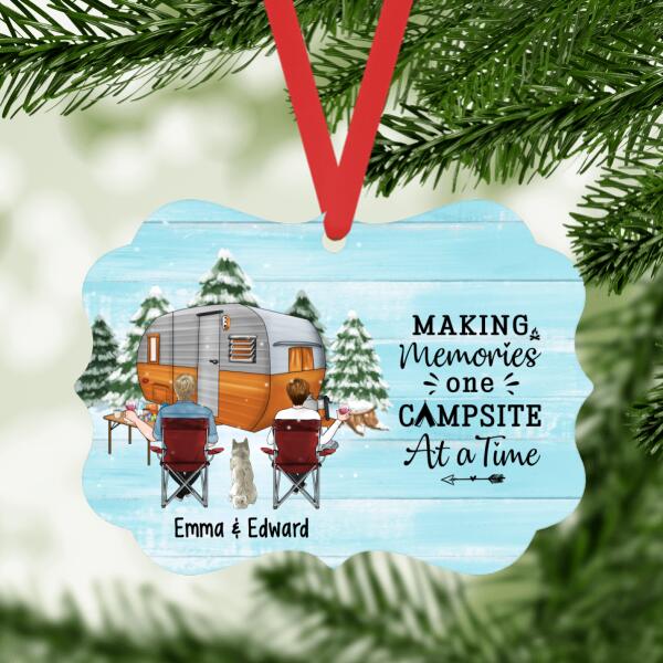 Personalized Metal Ornament, Camping Drinking Couple And Dogs - Couple Gift, Christmas Gift For Campers And Dog Lovers
