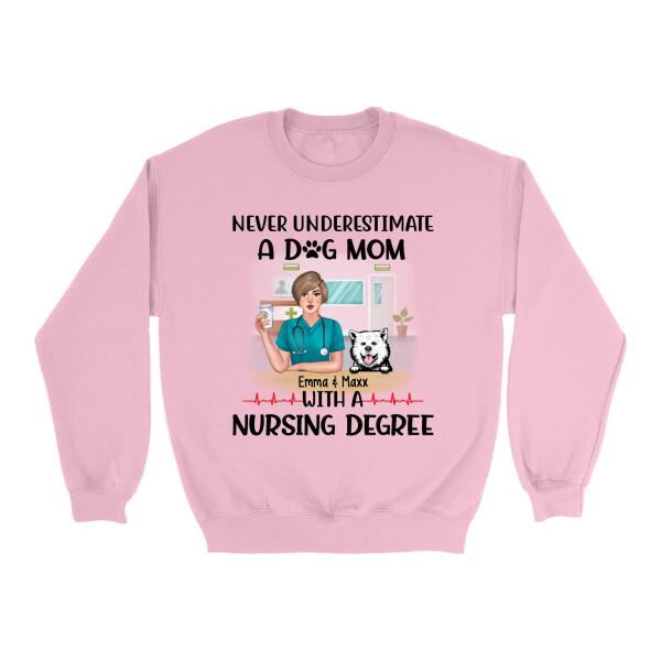 Never Underestimate a Dog Mom with a Nursing Degree - Personalized Gifts Custom Dog Shirt for Dog Mom, Dog Lovers
