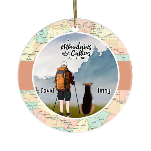 Personalized Ornament, Man, Woman Hiking With Dog, Hiking Partner, Christmas Gift For Hikers, Dog Lovers
