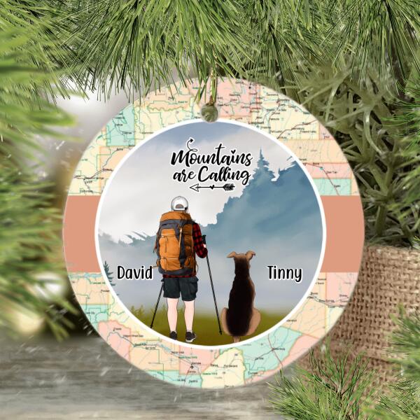 Personalized Ornament, Man, Woman Hiking With Dog, Hiking Partner, Christmas Gift For Hikers, Dog Lovers