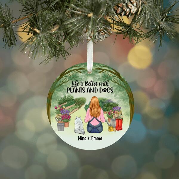 Personalized Ornament, A Girl Gardening With Dogs, Gift For Gardeners And Dog Lovers