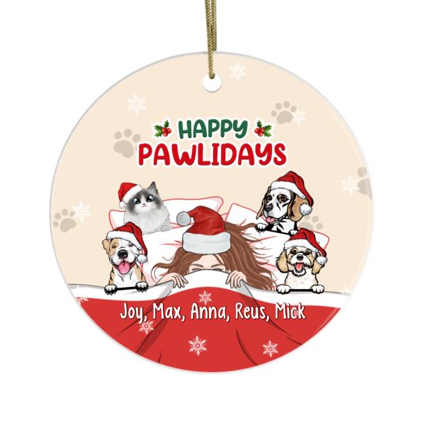 Personalized Ornament, Sleeping Girl With Pets, Happy Pawlidays, Christmas Gift For Dog Lovers, Cat Lovers