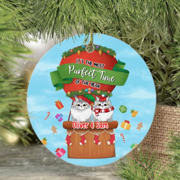 Personalized Ornament, Christmas Cats In Hot Balloon, It's The Most Purfect Time Of The Year, Christmas Gift For Cat Lover