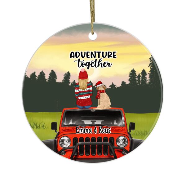 Personalized Ornament, Christmas Girl With Pets Sitting On Car, Christmas Gift For Car Lovers, Dog Lovers, Cat Lovers