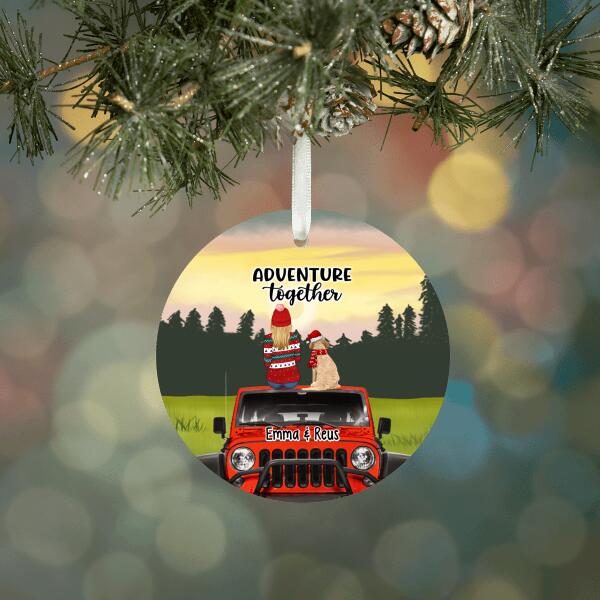 Personalized Ornament, Christmas Girl With Pets Sitting On Car, Christmas Gift For Car Lovers, Dog Lovers, Cat Lovers