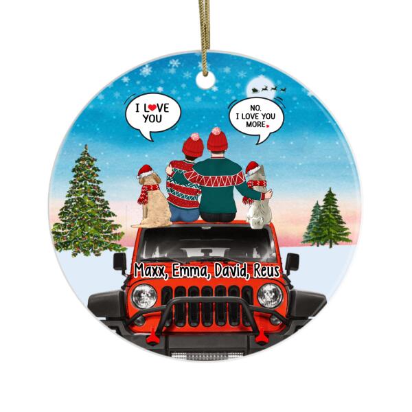 Personalized Ornament, Christmas Couple In Conversation With Pets While Sitting On Car, Christmas Gift For Couple, Car Lovers, Dog Lovers, Cat Lovers