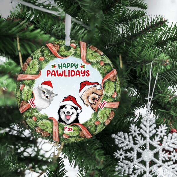 Personalized Ornament, Pets In Wreath, Happy Pawlidays, Christmas Gift For Dog Lovers, Cat Lovers