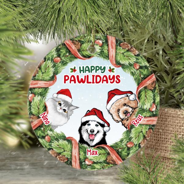 Personalized Ornament, Pets In Wreath, Happy Pawlidays, Christmas Gift For Dog Lovers, Cat Lovers